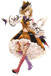 Rule 34 | 10s, 1girl, bad id, bad pixiv id, blonde hair, boots, claw (weapon), djeeta (granblue fantasy), dress, frilled skirt, frilled sleeves, frills, full body, gloves, granblue fantasy, halloween costume, high heel boots, high heels, knee boots, lips, long sleeves, midriff, navel, purple gloves, red footwear, shoes, short hair, simple background, skirt, solo, striped clothes, striped legwear, striped thighhighs, thighhighs, uoyaao, weapon, white background