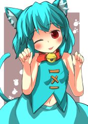 Rule 34 | 1girl, ;p, animal ears, aqua hair, bell, neck bell, cat ears, cat tail, collar, gaoo (frpjx283), highres, kemonomimi mode, navel, one eye closed, paw pose, red eyes, tail, tatara kogasa, tongue, tongue out, touhou