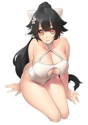 Rule 34 | 1girl, azur lane, bare shoulders, black hair, blush, bow, breasts, casual one-piece swimsuit, choker, cleavage, closed mouth, commentary request, flower, hair between eyes, hair bow, hair flower, hair ornament, highres, large breasts, legs together, long hair, looking at viewer, naidong (artist), one-piece swimsuit, orange eyes, ponytail, simple background, sitting, solo, swimsuit, takao (azur lane), takao (beach rhapsody) (azur lane), very long hair, white background, white one-piece swimsuit