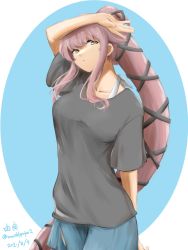 Rule 34 | 1girl, artist name, black shirt, blue sarong, brown eyes, commentary request, cowboy shot, dated, hair ribbon, highres, kantai collection, long hair, official alternate costume, pink hair, ponytail, ribbon, sarong, shirt, solo, t-shirt, twitter username, two-tone background, umibudou, very long hair, yura (kancolle)