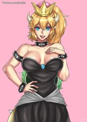 Rule 34 | 1girl, bare shoulders, black dress, blonde hair, blue eyes, bowsette, breasts, cleavage, dress, fangs, highres, horns, large breasts, long hair, looking at viewer, mario (series), new super mario bros. u deluxe, nintendo, open mouth, pointy ears, ponytail, redjet, shiny skin, solo, standing, super mario bros. 1, tagme