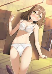 Rule 34 | 1girl, absurdres, blush, bra, breasts, brown eyes, brown hair, classroom, commentary request, desk, embarrassed, from above, highres, kunikida hanamaru, loafers, looking at viewer, love live!, love live! sunshine!!, lying, medium hair, navel, on back, panties, school desk, shoes, small breasts, solo, tsubure manjuu, underwear, underwear only, white bra, white panties