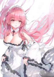 Rule 34 | 1girl, artist name, azur lane, bare shoulders, breasts, cleavage, commentary request, detached collar, detached sleeves, dress, hair ribbon, highres, large breasts, long hair, looking to the side, low twintails, maid headdress, perseus (azur lane), pink eyes, pink hair, ribbon, showerz, solo, twintails, white dress, white ribbon, white sleeves