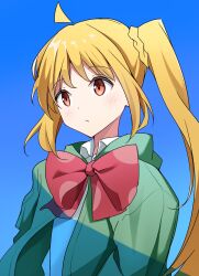 Rule 34 | 1girl, ahoge, blonde hair, blue background, bocchi the rock!, bow, bowtie, closed mouth, commentary request, green jacket, highres, hood, hooded jacket, ijichi nijika, jacket, keito4f, light blush, long hair, long sleeves, looking ahead, polka dot bowtie, red bow, red bowtie, red eyes, shadow, shirt, side ponytail, simple background, solo, upper body, white shirt