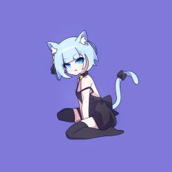 Rule 34 | 1girl, animal ears, blue eyes, blue hair, cat ears, cat tail, cross (vgne4542), highres, jelly hoshiumi, phase connect, purple background, ribbon, simple background, solo, tail