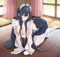 Rule 34 | 1girl, absurdres, azur lane, blue hair, blurry, blush, breasts, cleavage, closed mouth, full body, grey eyes, hands on floor, highres, indomitable (azur lane), indomitable (ms. motivationless maid) (azur lane), large breasts, long hair, looking at viewer, maid, maid headdress, no shoes, nya cot, official alternate costume, on floor, pantyhose, simple background, soles, solo, white pantyhose