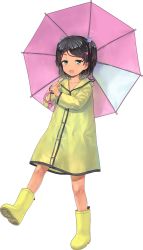 Rule 34 | 1girl, black hair, braid, collarbone, full body, green eyes, jiji (aardvark), kantai collection, mole, mole under eye, official art, open mouth, pink umbrella, raincoat, scirocco (kancolle), short hair, smile, tan, transparent background, two side up, umbrella, yellow footwear, yellow raincoat