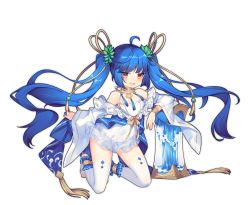 Rule 34 | 1girl, :d, ahoge, ao jun, ark order, blue hair, bow, bowtie, bracelet, dress, frilled jacket, frills, gonggong (ark order), hair ornament, hair ribbon, jacket, jewelry, kneeling, leaf hair ornament, long sleeves, necklace, official art, open mouth, red eyes, ribbon, smile, solo, spaghetti strap, stirrup legwear, tachi-e, tassel, thighhighs, toeless legwear, transparent background, twintails, v-shaped eyebrows, water, white dress, white thighhighs, wide sleeves, yellow bow