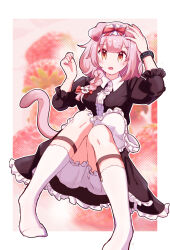 Rule 34 | 1girl, absurdres, alternate costume, animal ears, arknights, black dress, bloomers, blush, bow, braid, breasts, cat ears, cat girl, cat tail, dress, enmaided, floppy ears, frilled hairband, frills, goldenglow (arknights), hair bow, hairband, highres, infection monitor (arknights), long sleeves, looking at viewer, maid, open mouth, pink hair, red bow, small breasts, socks, solo, tail, underwear, upskirt, white bloomers, white socks, yatori suminohi, yellow eyes