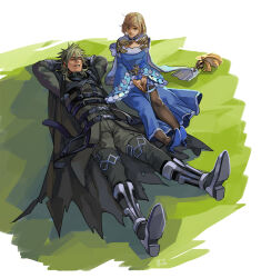 Rule 34 | 1boy, 1girl, armored boots, belt, black belt, black choker, blonde hair, blue dress, blue footwear, boots, breasts, brown cloak, brown pantyhose, cardinal (ragnarok online), chest harness, chinese commentary, choker, cloak, closed mouth, coat, commentary request, cross, cross choker, dated commentary, dress, frilled sleeves, frills, full body, gauntlets, green eyes, green hair, grey coat, grey pants, grin, hair between eyes, harness, high heels, long bangs, long sleeves, looking at another, lying, medium bangs, medium breasts, medium hair, on back, on ground, own hands together, pants, pantyhose, ragnarok online, shadow cross (ragnarok online), short hair, side slit, signature, sitting, smile, wide sleeves, z.i