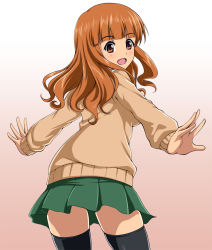 Rule 34 | 10s, 1girl, adapted uniform, black thighhighs, blunt bangs, blush, brown sweater, commentary, cowboy shot, from behind, girls und panzer, gradient background, green skirt, highres, leaning forward, light blush, long hair, long sleeves, looking at viewer, looking back, miniskirt, ooarai school uniform, open mouth, orange background, orange eyes, orange hair, outstretched arms, pleated skirt, school uniform, skirt, smile, solo, spread arms, standing, sweater, takebe saori, thighhighs, winter uniform, zanntetu, zettai ryouiki