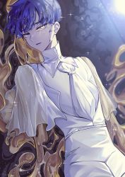 Rule 34 | 1other, absurdres, androgynous, blue eyes, blue hair, crack, golden arms, heterochromia, highres, houseki no kuni, looking at viewer, melting, neckerchief, phosphophyllite (ll), short hair, short sleeves, solo, spoilers, white neckerchief, yasei akazome, yellow eyes