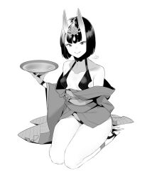 1girl alcohol bare_shoulders bob_cut breasts commentary_request cup eyeliner fate/grand_order fate_(series) full_body greyscale headpiece holding japanese_clothes kimono makeup monochrome off_shoulder sakazuki sake seiza shiromako short_eyebrows short_kimono shuten_douji_(fate) sitting small_breasts smile solo