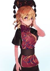 Rule 34 | alternate hair length, alternate hairstyle, asuzemu, blonde hair, blue background, cowboy shot, gradient background, hair between eyes, hand in own hair, hat, highres, junko (touhou), red eyes, short hair, solo, standing, tabard, touhou, white background