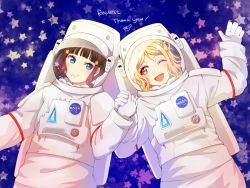 Rule 34 | 2girls, astronaut, black hair, blonde hair, blue eyes, blush, closed mouth, english text, hair rings, holding hands, heru (totoben), kurosawa dia, looking at another, love live!, love live! sunshine!!, mole, mole under mouth, multiple girls, nasa, nasa logo, ohara mari, one eye closed, open mouth, smile, space, spacesuit, star (symbol), upper body, yellow eyes