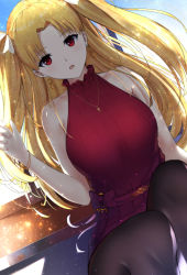 Rule 34 | 1girl, belt, bitter sweet (fate/grand order), black pantyhose, blonde hair, blush, bow, bracelet, breasts, collarbone, cross, cross necklace, dress, earrings, ereshkigal (bitter sweet) (fate), ereshkigal (fate), fate/grand order, fate (series), hair bow, hair intakes, hair ribbon, hand up, jewelry, large breasts, light blush, long hair, mari (doraerin0), necklace, open mouth, pantyhose, parted bangs, red dress, red eyes, ribbon, sitting, sleeveless, sleeveless dress, solo, sparkle, white ribbon