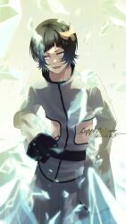 Rule 34 | 1boy, 2022, absurdres, backlighting, black hair, bleach, blunt bangs, character name, commentary request, cowboy shot, dated, evil smile, hand up, high collar, highres, ice, looking at viewer, luppi antenor, open mouth, purple eyes, shirt, short hair, simple background, sleeves past fingers, sleeves past wrists, smile, solo, sumire 1046, v-shaped eyebrows, white shirt