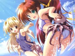 Rule 34 | 2girls, :o, animal ears, aoi sora no neosphere, aqua eyes, armpits, ass, ass grab, bikini, blonde hair, blue one-piece swimsuit, blush, breasts, cloud, covered navel, cowboy shot, day, dutch angle, earrings, elincie yerthrop, from side, front-tie bikini top, front-tie top, gradient hair, hair ornament, hair ribbon, high ponytail, hoop earrings, jewelry, jpeg artifacts, komatsu eiji, leaning forward, long hair, long pointy ears, looking at viewer, looking back, looking down, multicolored hair, multiple girls, nanoca flanka, ocean, octopus, one-piece swimsuit, outdoors, outstretched arm, pointy ears, ponytail, raised eyebrows, red eyes, red hair, ribbon, school swimsuit, sky, small breasts, sparkle, splashing, string bikini, surprised, swimsuit, tentacles, thigh gap, thigh grab, very long hair, wading, water, white bikini