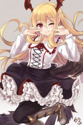 Rule 34 | 10s, 1girl, ;), bat wings, black skirt, black thighhighs, blonde hair, boots, collared shirt, demon tail, frilled shirt collar, frilled skirt, frills, gradient background, granblue fantasy, head wings, highres, kazami chiu, knee boots, long hair, long sleeves, multiple tails, one eye closed, petticoat, pointy ears, red eyes, shingeki no bahamut, shirt, skirt, smile, solo, tail, thighhighs, vampire, vampy, white shirt, wings