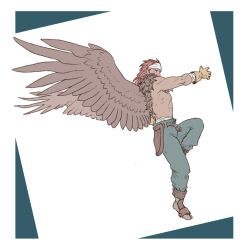 Rule 34 | 1boy, arm wrap, brown footwear, brown wings, canopus wolph, full body, gloves, headband, long hair, male focus, pants, red hair, solo, tactics ogre, topless male, white background, white headband, windcaller, wings