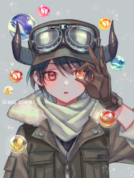 Rule 34 | 1girl, androgynous, belt, black hair, breast pocket, brown gloves, fake horns, fur trim, gloves, goggles, goggles on headwear, grey background, hat, highres, horned headwear, horns, looking at viewer, marble (toy), one eye covered, original, parted lips, pocket, red eyes, scarf, short hair, sleeves rolled up, solo, surprised, suzaku (zaku6584), upper body, white scarf, zipper