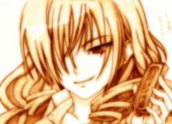 Rule 34 | 1girl, drill hair, female focus, godees, gradient background, hair over one eye, long hair, monochrome, oriana thomason, sepia, sketch, smile, solo, toaru majutsu no index, traditional media, white background