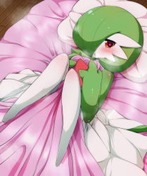 Rule 34 | 1girl, :o, bed, bed sheet, blush, commentary request, creatures (company), game freak, gardevoir, gen 3 pokemon, heart, heart-shaped pupils, heavy breathing, highres, looking at viewer, lying, nintendo, on back, on bed, orange eyes, pillow, pokemon, pokemon (creature), solo, symbol-shaped pupils, yu yun