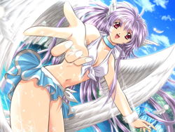 Rule 34 | 1girl, :d, angel, angel wings, bikini, breasts, choker, cleavage, day, dutch angle, feathers, frilled bikini, frills, game cg, long hair, lucy fouque, medium breasts, men at work! 2, non-web source, open mouth, pink eyes, purple eyes, sky, smile, solo, splashing, swimsuit, very long hair, water, white bikini, wings, yamamoto kazue