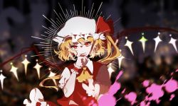 Rule 34 | 1girl, absurdres, ascot, blonde hair, collared shirt, commentary, crystal, emphasis lines, fingernails, flandre scarlet, foreshortening, hand to own mouth, hand up, hat, hat ribbon, highres, long hair, mitunanaki, mob cap, one side up, parted lips, puffy short sleeves, puffy sleeves, red eyes, red ribbon, red skirt, red vest, ribbon, shirt, short sleeves, skirt, smile, solo, touhou, twitter username, upper body, vest, white hat, white shirt, wings, wrist cuffs, yellow ascot