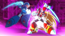 Rule 34 | 2boys, absurdres, android, armor, aura, battle, blue armor, blue helmet, clenched hand, electricity, energy sword, forehead jewel, full body, glowing hands, green eyes, helmet, highres, holding, holding sword, holding weapon, male focus, maxoke, mega man (series), mega man x (series), multiple boys, open mouth, purple background, red armor, red eyes, red helmet, sword, teeth, upper teeth only, weapon, x (mega man), z saber, zero (mega man)