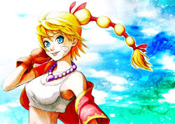 Rule 34 | 1girl, beads, blonde hair, blue eyes, braid, breasts, chrono (series), chrono cross, crop top, facial mark, female focus, gloves, gradient background, jewelry, kid (chrono cross), long hair, multi-tied hair, necklace, pavelnedved11, ponytail, smile, solo, vest