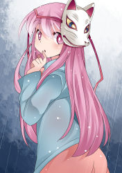 Rule 34 | 1girl, blush, bubble skirt, commentary request, expressionless, fox mask, hammer (sunset beach), hata no kokoro, long hair, long sleeves, looking at viewer, mask, pink eyes, pink hair, plaid, plaid shirt, rain, shirt, skirt, solo, touhou, wet