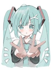 Rule 34 | 1girl, bare shoulders, black sleeves, blue eyes, blue hair, blush, collared shirt, commentary, detached sleeves, double v, grey shirt, hatsune miku, highres, long hair, long sleeves, looking at viewer, open mouth, shirt, sidelocks, simple background, solo, twitter username, upper body, v, very long hair, vocaloid, white background, yuta 2341