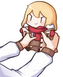 Rule 34 | 1girl, 1other, blonde hair, blush, chibi, closed mouth, coat, commentary, english commentary, evil grin, evil smile, fur collar, grin, highres, hololive, hololive english, lifting person, medium hair, mini person, minigirl, moon ldl, necktie, open clothes, open coat, out of frame, plaid, plaid skirt, red necktie, scarf, simple background, skirt, smile, smol ame, virtual youtuber, watson amelia, white background