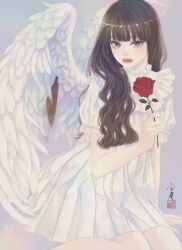 Rule 34 | 1girl, absurdres, angel, angel wings, arm support, blunt bangs, brown eyes, brown hair, closed mouth, commentary request, dress, eyelashes, feathered wings, flower, frilled dress, frills, halo, highres, holding, holding flower, lips, long hair, looking at viewer, original, pleated dress, puffy short sleeves, puffy sleeves, red flower, red rose, rose, seal impression, short sleeves, signature, sitting, solo, ushiyama ame, wavy hair, white dress, white wings, wings