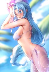Rule 34 | 1girl, ahoge, arms up, ball, beachball, bikini, blue eyes, blue hair, blurry, blurry background, blush, breasts, commentary request, cowboy shot, depth of field, highres, holding, holding ball, holding beachball, hua-j, long hair, looking at viewer, medium breasts, mole, mole under eye, open mouth, parted bangs, purple eyes, sentouin hakenshimasu!, side-tie bikini bottom, smile, snow (sentouin hakenshimasu!), solo, standing, string bikini, swimsuit, very long hair