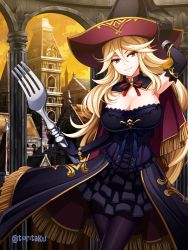 Rule 34 | 1girl, black gloves, black legwear, blonde hair, bracelet, breasts, cape, cleavage, dress, elbow gloves, fork, gloves, hand on headwear, hat, jewelry, large breasts, long hair, looking at viewer, original, oversized object, red eyes, smile, strapless, torigoe takumi, twitter username, witch hair, witch hat