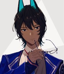 Rule 34 | 1boy, :|, arjuna (fate), arjuna alter (fate), black eyes, black hair, closed mouth, collared shirt, commentary request, dark skin, unworn eyewear, fate/grand order, fate (series), formal, fuka (hk nemo), glasses, glowing horns, hair between eyes, hand up, highres, holding, holding removed eyewear, horns, looking at viewer, male focus, official alternate costume, portrait, shirt, short hair, smile, solo, white shirt
