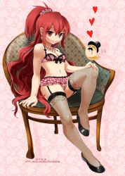 Rule 34 | 1girl, ^ ^, animal, bird, bra, chair, drooling, earrings, elesis sieghart, closed eyes, fishnets, frills, garter belt, grand chase, hand on own knee, heart, jewelry, lingerie, long hair, necklace, panties, ponytail, red eyes, red hair, saliva, scrunchie, shoes, sitting, solo, text focus, thighhighs, underwear