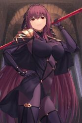 Rule 34 | 1girl, armor, bodysuit, breasts, circlet, closed mouth, covered navel, fate/grand order, fate (series), frown, gae bolg (fate), hair between eyes, hair intakes, hand on own hip, highres, holding, holding polearm, holding weapon, indoors, kamo ashi, large breasts, long hair, looking at viewer, over shoulder, pauldrons, polearm, purple bodysuit, purple hair, red eyes, scathach (fate), shoulder armor, solo, veil, very long hair, weapon, weapon over shoulder