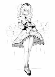 Rule 34 | 1girl, alternate breast size, barbara (genshin impact), blush, bow, breasts, clothes lift, commentary request, cross, crotch seam, detached collar, detached sleeves, dress, frills, genshin impact, greyscale, hair between eyes, hat, large bow, looking at viewer, monochrome, musical note, open mouth, pantyhose, shadow, short dress, sidelocks, simple background, skirt, skirt lift, small breasts, solo, twintails, water drop, white background, white pantyhose, y.ssanoha