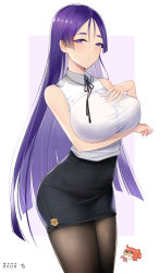 Rule 34 | 1girl, alternate costume, arm under breasts, bare shoulders, black pantyhose, black ribbon, black skirt, blush, breast hold, breasts, collared shirt, covered erect nipples, dress shirt, fate/grand order, fate (series), fujimaru ritsuka (female), highres, large breasts, long hair, looking at viewer, minamoto no raikou (fate), miniskirt, office lady, orange hair, pantyhose, parted bangs, parted lips, pencil skirt, purple eyes, purple hair, ribbon, shirt, shirt tucked in, side ponytail, skirt, sleeveless, sleeveless shirt, solo, taut clothes, taut shirt, taut skirt, tongue, tongue out, very long hair, yellow eyes, yueguang zhanglang