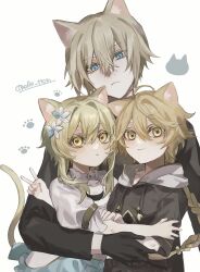 Rule 34 | 1girl, 2boys, absurdres, aether (genshin impact), ahoge, animal ears, black sweater, blonde hair, blue eyes, blush, braid, braided ponytail, brother and sister, brown hoodie, cat boy, cat ears, cat girl, cat tail, closed mouth, dainsleif (genshin impact), eruto, flower, frilled sleeves, frills, genshin impact, hair flower, hair ornament, highres, hood, hood down, hoodie, looking at viewer, lumine (genshin impact), multiple boys, shirt, short hair, short hair with long locks, siblings, sidelocks, simple background, smile, star-shaped pupils, star (symbol), sweater, symbol-shaped pupils, tail, upper body, v, white background, white flower, white hood, white shirt, yellow eyes