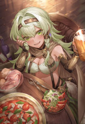 Rule 34 | 1girl, :d, absurdres, alcohol, beer, beer mug, blurry, blurry background, bottle, braid, bread, breasts, brown gloves, cape, chair, cleavage, cup, depth of field, earrings, elbow gloves, fingerless gloves, food, glint, gloves, green eyes, green hair, hair tubes, ham, hand up, highres, holding, holding cup, jewelry, long hair, looking at viewer, mug, navel, open mouth, original, pizza, salad, shichigatsu, sitting, smile, solo, tomato, twin braids, wine bottle