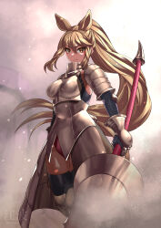 Rule 34 | 1girl, absurdres, animal ears, armor, armored boots, armored dress, arms at sides, blonde hair, boots, breastplate, closed mouth, elbow gloves, extra ears, feet out of frame, gauntlets, gloves, hair between eyes, highres, holding, holding polearm, holding weapon, kawanami eito, kemono friends, leotard, leotard under clothes, long hair, looking at viewer, polearm, rhinoceros ears, serious, shoulder armor, skindentation, solo, thighhighs, very long hair, walking, weapon, white rhinoceros (kemono friends), yellow eyes