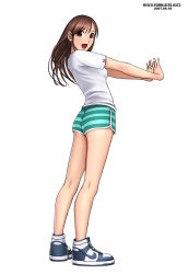 Rule 34 | 1girl, blouse, brown eyes, brown hair, dated, legs, long legs, own hands together, ryu (ryu&#039;s form site), shirt, shoes, short shorts, shorts, simple background, sneakers, solo, standing, striped clothes, striped shorts, white background, white shirt