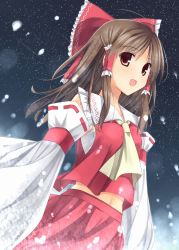 Rule 34 | 1girl, bad id, bad pixiv id, bow, brown hair, detached sleeves, hair bow, hair tubes, hakurei reimu, leyte, long hair, looking at viewer, open mouth, red eyes, skirt, sky, solo, star (sky), starry sky, touhou