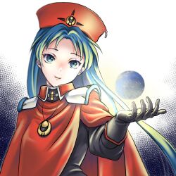 Rule 34 | 1girl, black gloves, blue eyes, blue hair, cape, closed mouth, gloves, hat, highres, jewelry, long hair, looking at viewer, lucia (lunar), lunar, lunar 2: eternal blue, necklace, pendant, red cape, smile, solo, umehime