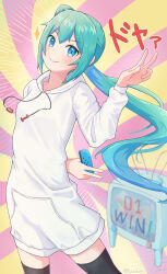 Rule 34 | 1girl, :&gt;, absurdres, alternate hairstyle, antennae, aqua eyes, aqua hair, arched back, arm behind back, black thighhighs, controller, cowboy shot, doyagao, drawstring, emphasis lines, floating hair, hand up, hatsune miku, highres, holding, holding controller, hood, hoodie, long hair, looking at viewer, nintendo switch, ponytail, smile, smug, solo, sparkle, standing, television, thighhighs, translated, twitter username, v, v-shaped eyebrows, very long hair, vocaloid, white hoodie, yasuno-labo