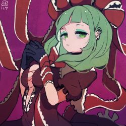 Rule 34 | 1girl, black gloves, blunt bangs, breasts, cleavage cutout, clothing cutout, commentary request, dated, dress, ear piercing, frilled ribbon, frills, front ponytail, gloves, green eyes, green hair, green lips, hair ribbon, half-closed eyes, hands up, kagiyama hina, looking at viewer, maaru (akira428), medium breasts, medium hair, one-hour drawing challenge, own hands together, parted lips, piercing, puffy short sleeves, puffy sleeves, purple background, red dress, red ribbon, ribbon, short sleeves, sideways glance, signature, simple background, solo, touhou, upper body